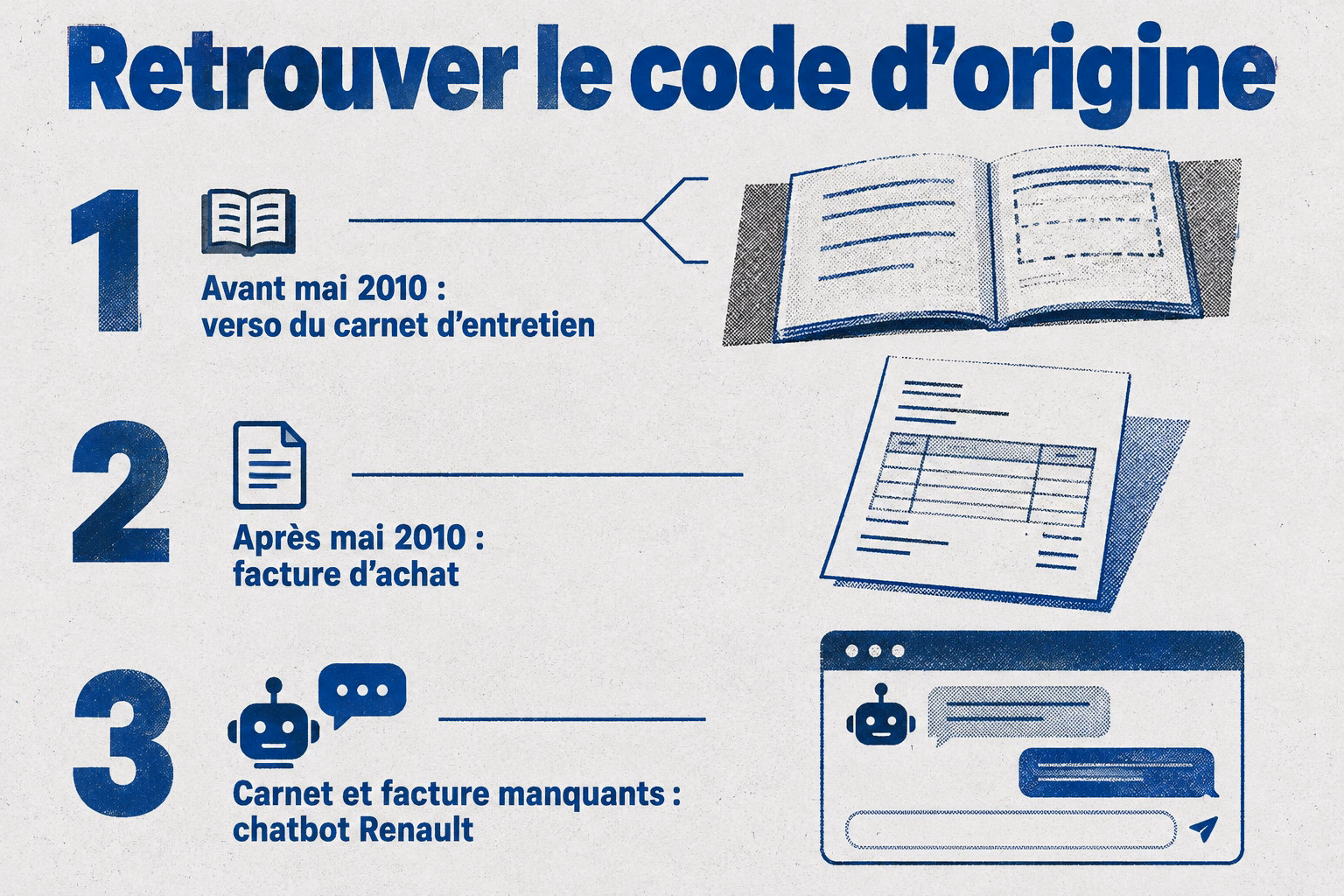 Avant mai 2010, cherchez le code au verso du carnet d’entretien ; après mai 2010, sur la facture d’achat ; si les deux manquent, demandez-le au chatbot Renault.