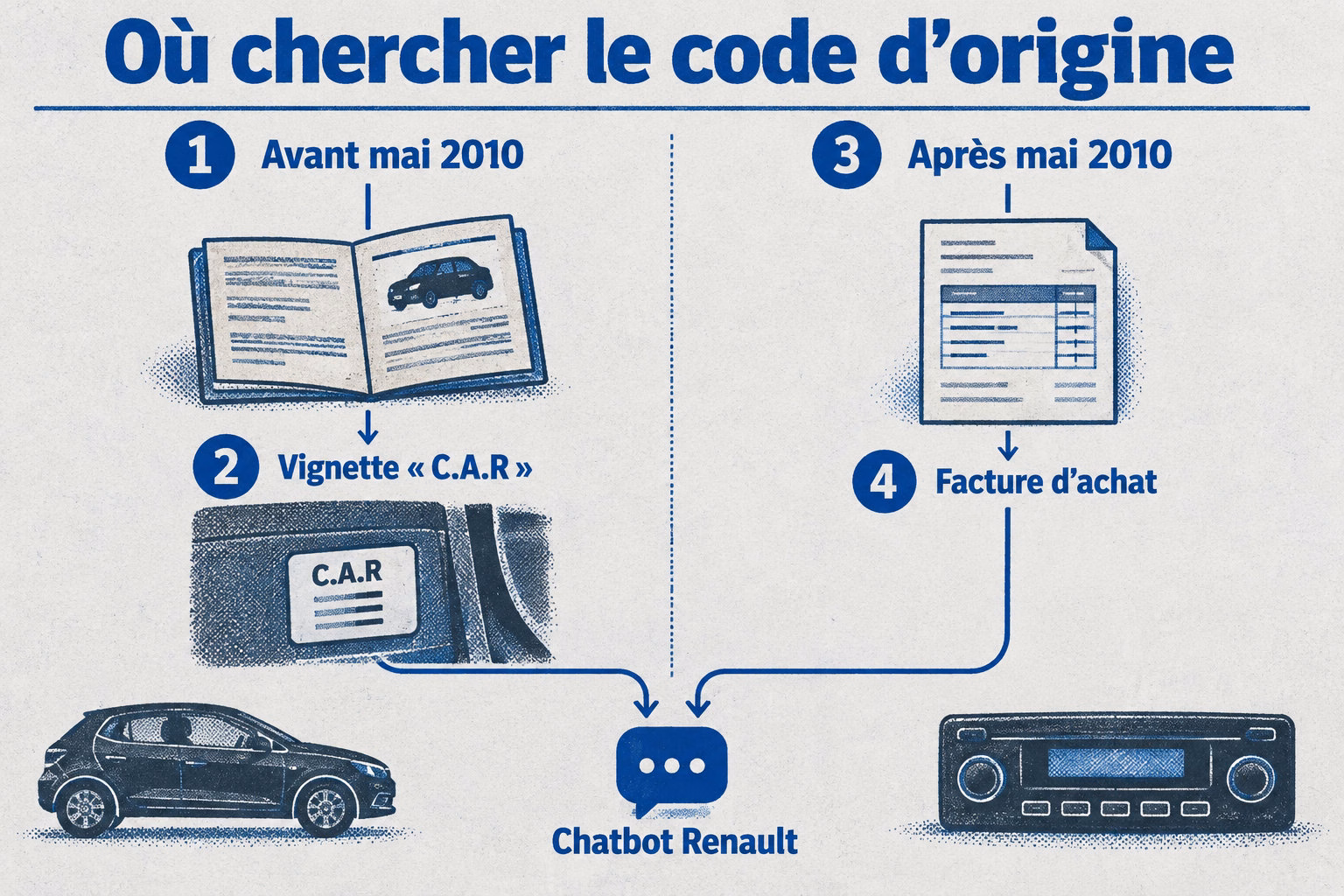 Avant mai 2010, cherchez la vignette « C.A.R » au verso de la couverture du carnet d’entretien et de garantie ; après mai 2010, cherchez la mention « C.A.R » sur la facture d’achat. Si le document manque, demandez le code au chatbot Renault depuis « Contactez-nous ».