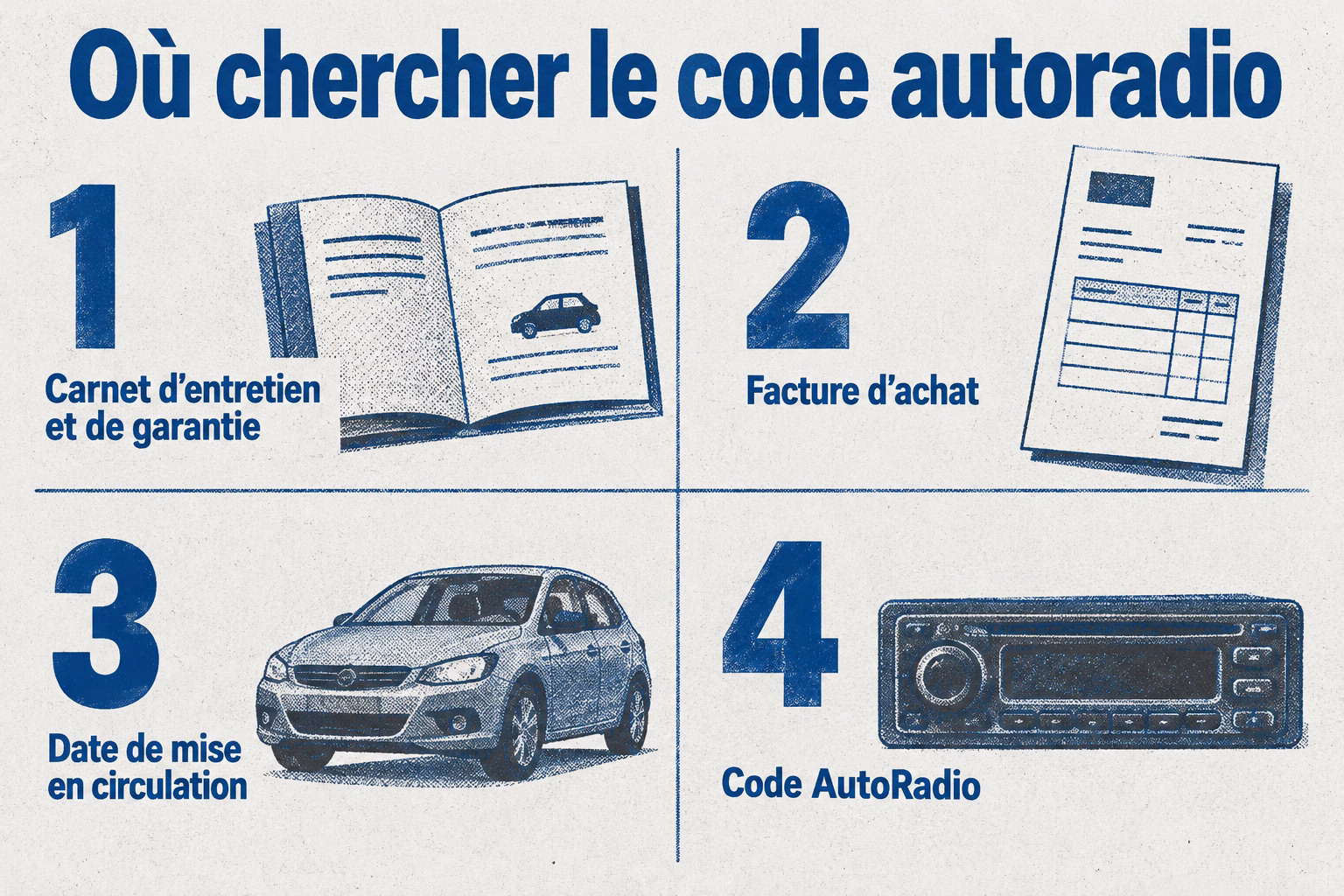 Le code autoradio à quatre chiffres se cherche dans les documents du véhicule : carnet d’entretien et de garantie avant mai 2010, facture d’achat après mai 2010, selon la date de mise en circulation. C.A.R. signifie « Code AutoRadio »; le code concerne l’autoradio d’origine et se distingue du précode ou du numéro de série.
